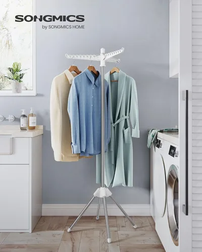 Miniatura 21 de SONGMICS ULLR510B01 - Estante de secado de ropa plegable de 59 pulgadas con 3 brazos giratorios para perchas, 4 patas, acero inoxidable, para 27
