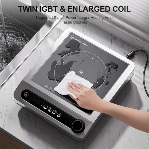 Miniatura 6 de AMZCHEF Placa de cocción de inducción comercial, quemador de encimera de 1800 W con 18 ajustes de potencia y temperatura, doble IGBT, temporizador