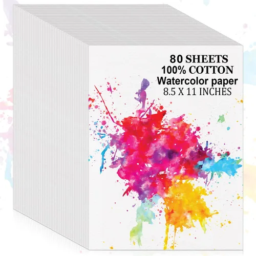 80 hojas de papel de acuarela 100% algodón, suministros de arte a granel para dibujo de acuarela de adultos, 8.5 x 11 pulgadas, 140 libras/300 GSM,