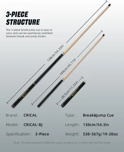 Miniatura 2 de CRICAL Heavy Hitter Jump Break Cue 3-Pieces 54inch Short Maple Break Jump Cue with 13.5mm Tip Punch Cue Professional Jump Cue Billiard Pool Stick