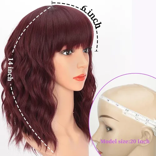 Miniatura 2 de AISI HAIR Peluca rizada estilo Bob con flequillo, pelucas cortas onduladas de color rojo vino para mujer, estilo Bob, pelucas sintéticas resistentes