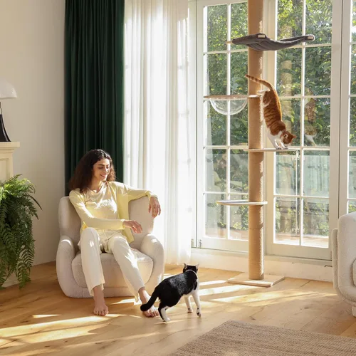 Miniatura 9 de FUKUMARU Árbol para gatos de piso a techo, altura ajustable de 6 niveles (5.7-9.8 pies), torre de escalada con postes de rascado gruesos, centro