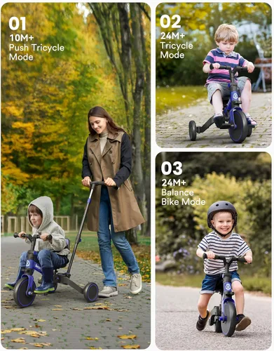 Miniatura 3 de besrey Bicicleta 5 en 1 para niños pequeños con mango de dirección para padres para niñas y niños de 1 a 3 años, triciclo plegable para niños, Azul