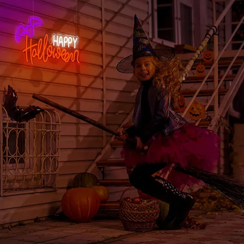Miniatura 4 de Treela Letrero de neón de Halloween para decoración de pared, luces LED de neón para ventana, funciona con USB, murciélago iluminado para pared