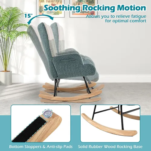 Miniatura 6 de Giantex Mecedora para guardería, mecedora tapizada Boucle con respaldo alto ergonómico, patas de madera de goma y bolsillo lateral, silla moderna a
