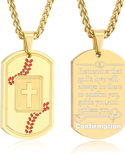Miniatura 32 de Collar de cruz con versículo bíblico de béisbol, acero inoxidable, dije de cruz en tono negro/dorado/plateado, regalos religiosos, joyería deportiva