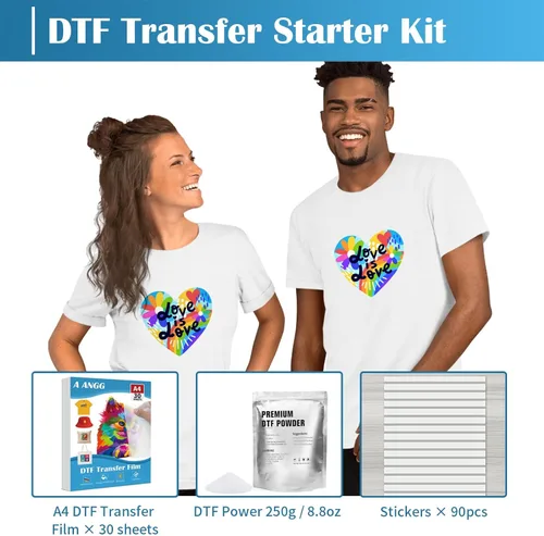 Miniatura 2 de A ANGG Kit de película y polvo de transferencia DTF para impresora DTF y sublimación, 30 hojas A4 película DTF brillante de un lado, polvo DTF
