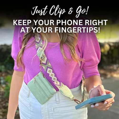 Miniatura 2 de Save the Girls Correa Original Clip and Go para Teléfono Original (Patrón Verde/Morado - Bolsa Verde) - Correa Cruzada para Teléfono con Cadena