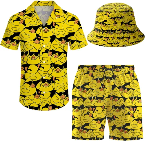 ifamawlea Conjunto de 2 piezas para hombre, camisa hawaiana, pantalones cortos, camisa con botones y pantalones cortos con sombreros de pescador