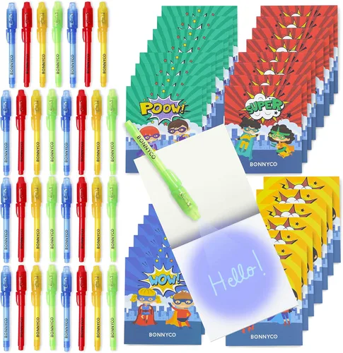 Miniatura 12 de BONNYCO Paquete de 32 bolígrafos y cuadernos de tinta invisible. Recuerdos de fiesta con temática espacial para niños, bolsas de regalo, piñata