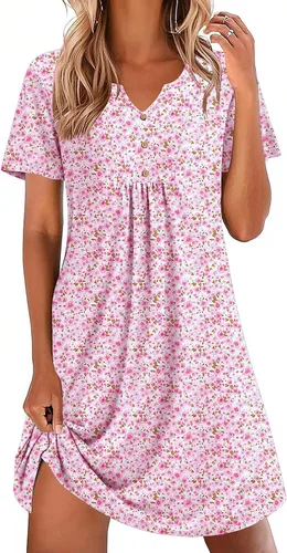 Miniatura 7 de Ekouaer Camisones para mujer de algodón Vestidos de noche Plisados Camisones Henley Cuello en V Camisas de dormir de manga corta Ropa de dormir