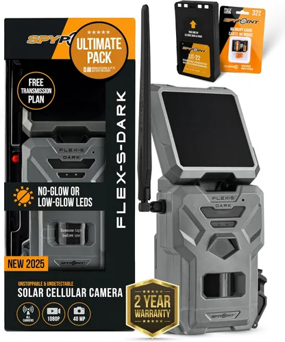 SPYPOINT Flex-S-Dark Ultimate Pack con tarjeta SD + LIT-22 - Cámara solar de rastreo celular - Panel solar integrado, fotos de 40 MP, videos de