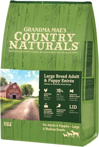 Grandma Mae's Country Naturals Alimento seco para perros, fórmula de raza grande, pollo, pescado y arroz integral, cocción lenta y rica en