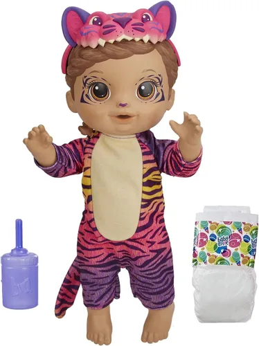 Baby Alive Rainbow Wildcats muñeca de tigre, con accesorios, bebida, pañal, juguete de tigre para niños mayores de 3 años, pelo marrón (exclusiva de