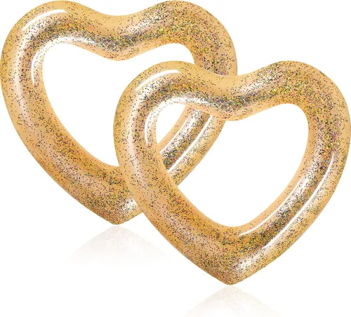 Sumind 2 flotadores inflables de piscina con forma de corazón, 47.3 x 39.4 pulgadas, flotadores de despedida de soltera en forma de corazón, tubo Oro