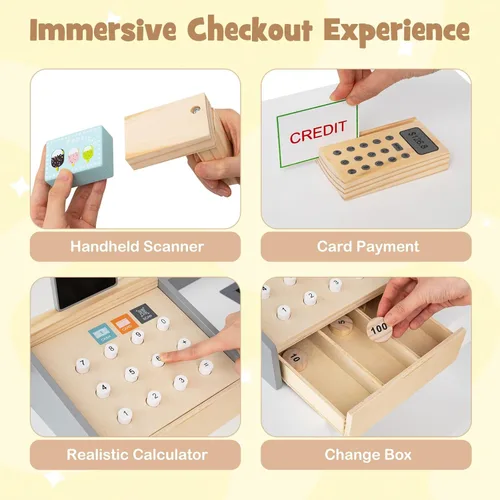 Miniatura 4 de HONEY JOY Juego de Tienda de Comestibles para Niños, Tienda de Comestibles de Madera de Juego de Simulación con Carrito, Soporte de Caja