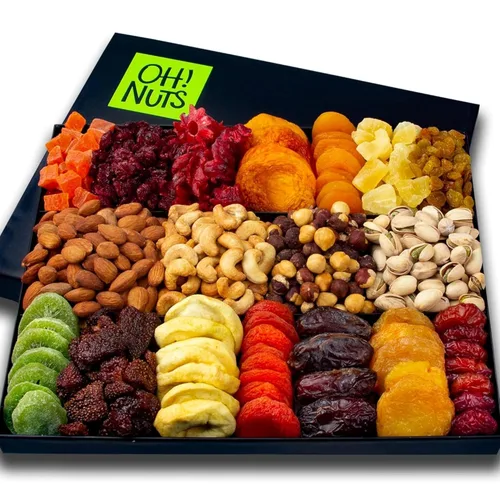 Oh! Nuts Canasta de regalo de frutas secas y nueces - XL 18 variedades de frutas y nueces gourmet surtidas - Caja de regalo para las fiestas - Caja