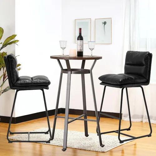 Miniatura 9 de Glitzhome Juego de mesa y sillas de comedor, mesa redonda de acero negro con parte superior de madera de olmo sólido y taburetes de bar de cuero