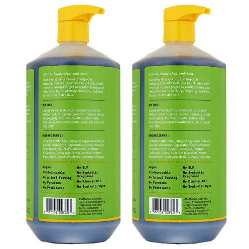Miniatura 2 de Alaffia Shampoo, EveryDay Coconut Paquete de 2 – Champú de coco puro con extractos de coco, jengibre y café para aclarar el cabello normal a seco