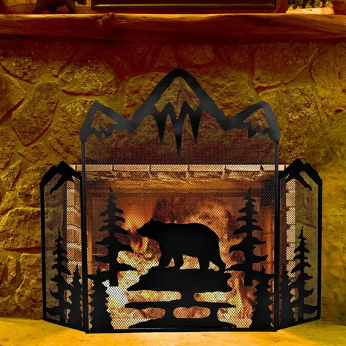 Miniatura 4 de BestGiftEver Pantalla decorativa para chimenea de 3 paneles con un majestuoso oso de montaña, cubierta de chimenea independiente de malla metálica