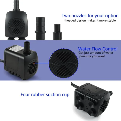 Miniatura 3 de Bomba de agua sumergible de 220 GPH (800L/H, 15W), ultra silenciosa, 12 luces LED coloridas con 2 boquillas, cable de alimentación de 6 pies