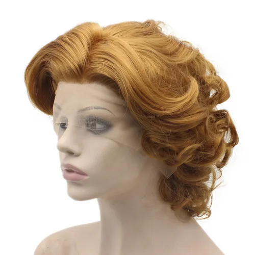 Miniatura 5 de Mxangel - Peluca de cabello sintético con encaje frontal natural, corto, rizado, rubio dorado