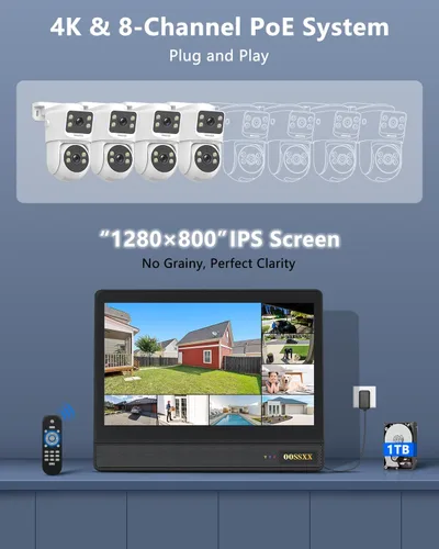 Miniatura 9 de Sistema de cámara de seguridad 4K PoE con monitor de 10.2 pulgadas, NVR de 8 canales HDD de 1 TB y 4 cámaras de doble lente, seguimiento automático