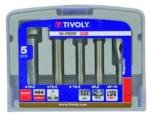 Tivoly 10331670006 FNH04 - Juego de 4 brocas desbarbadoras (DIN 335C, HSS, cobalto de 5% a 90°, diámetro de 8,3 a 0.650 in, incluye 1 broca
