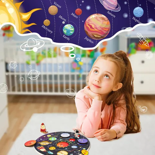 Miniatura 2 de Zeoddler Upgrated - Rompecabezas de sistema solar, juguetes para niños de 3 a 6 años, juguetes espaciales de madera, planetas para niños