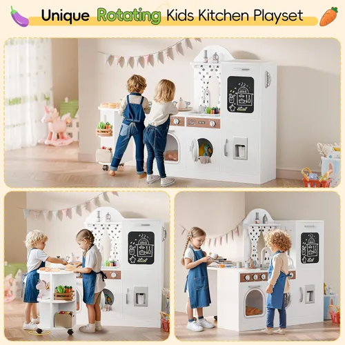 Miniatura 2 de Estación de trabajo de juego de cocina de madera con diseño giratorio de 180°, juego de cocina para niños con luces y sonidos interactivos, juego