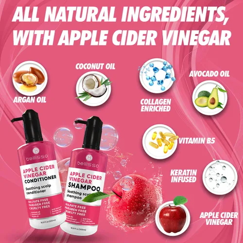 Miniatura 5 de BELLISSO Champú y acondicionador de vinagre de sidra de manzana con ingredientes naturales, anticaspa, hidratante, nutritivo, brillo, calmante, sin