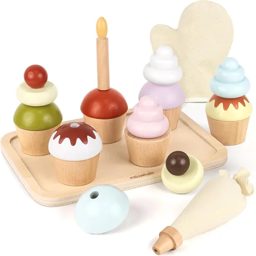 Miniatura 10 de Pillowhale Paquete de juego de café de madera 3 en 1 – Juego de simulación de cafetera, batidora manual y tostador emergente con accesorios