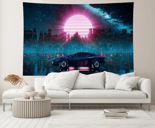 Miniatura 4 de 9x6ft Cyberpunk Car Backdrop Retro Futuristic Cyber City Skyscraper Red Moon Punk Racing Car Background Comic Game Racer Punk Birthday Party Decor