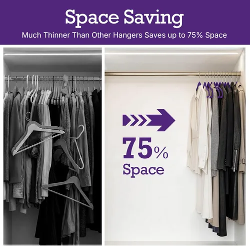 Miniatura 3 de HOUSE DAY Paquete de 60 perchas de terciopelo morado noble, perchas de terciopelo antideslizantes para ropa resistentes para abrigos, perchas Noble