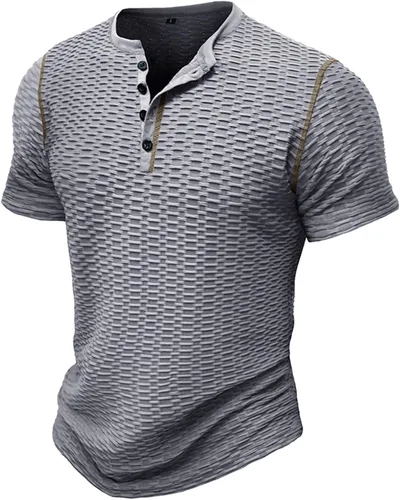 Miniatura 2 de Blusas con botones para Hombre sólido Cuello en V Camisa tipo túnica Mangas Camisetas Deportivas ajustadas