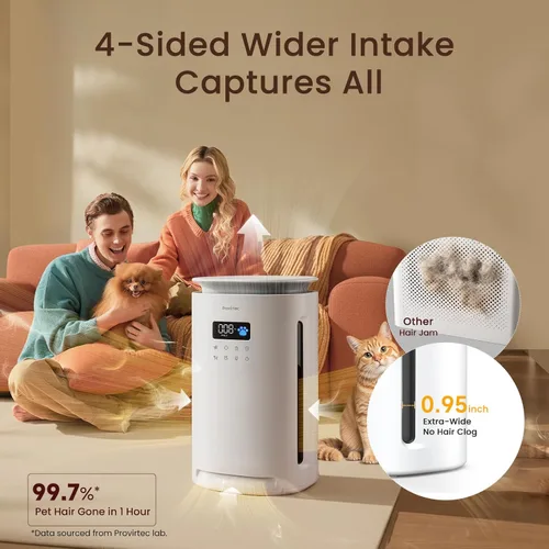 Miniatura 4 de Provirtec Purificador de aire para mascotas domésticas, filtro HEPA verdadero H13, entrada amplia de 4 lados, atrapa el olor de mascotas caspa