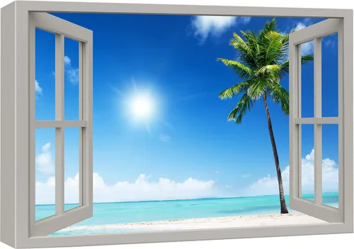 Miniatura 49 de wall26 - Cuadro en lienzo para pared, vista de ventana, atardecer neón, cielo, palmera tropical, playa, naturaleza, desierto, fotografía, realismo