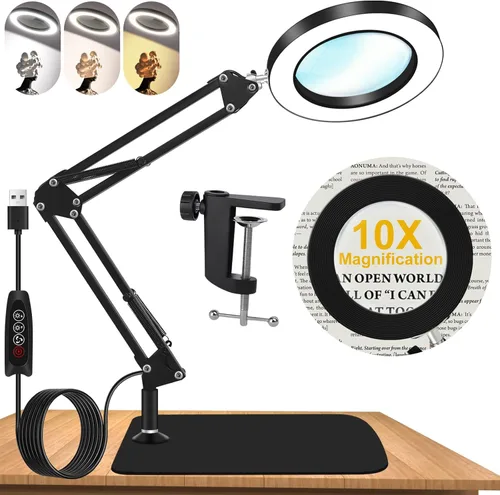 Lupa de 10 veces con luz y soporte, regulador de intensidad ajustable con brazo oscilante 2 en 1, lámpara de escritorio y abrazadera, lupa de