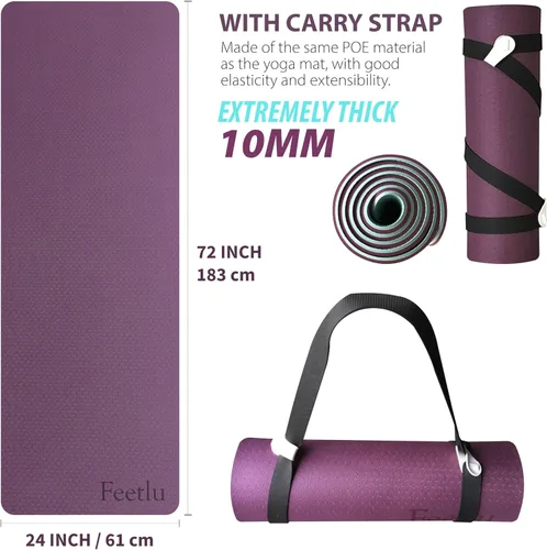 Miniatura 2 de Tapete de yoga para ejercicios extra grueso con correa - 2/5 pulgadas (10 mm), tapete antideslizante para entrenamiento de yoga, pilates y Morado