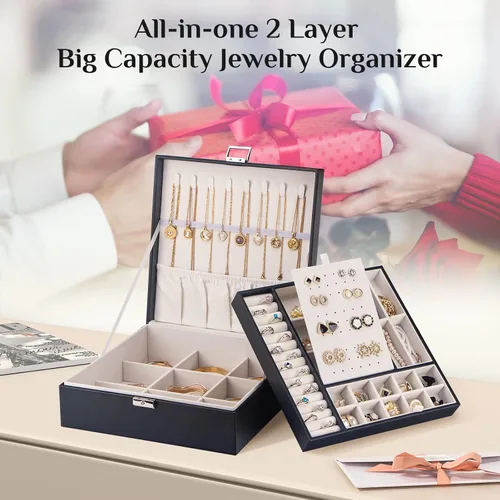 Miniatura 2 de Joyero con cerradura cajas de joyería grandes para mujeres y niñas regalo ideal organizador de joyas de doble capa joyero para almacenar aretes
