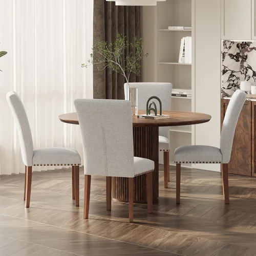 Miniatura 34 de Juego de 2 sillas de comedor de granja, respaldo alto con patas de madera y ribete de cabeza de clavo, silla de comedor de tela moderna