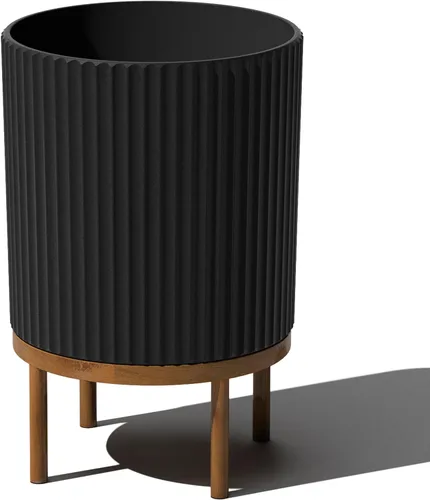 Miniatura 48 de Veradek Demi Series - Maceta redonda con soporte para porche o patio, compuesto de piedra de plástico duradero y soporte de madera, decoración