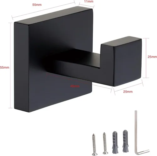 Miniatura 5 de Ganchos de pared para toallas de baño, color negro mate, gancho para toallas de baño, acero inoxidable, cuadrado, para toalla, abrigo, gancho