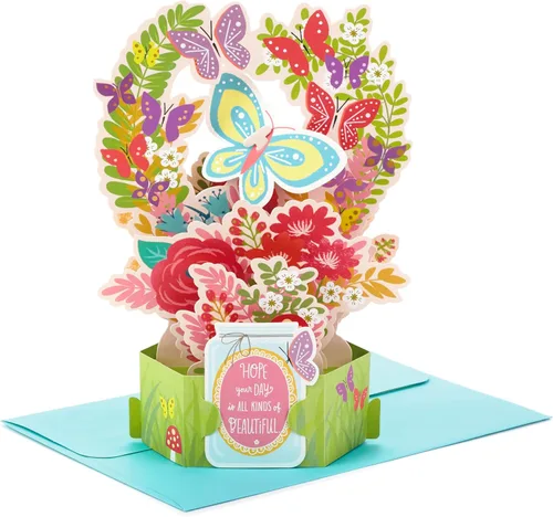 Hallmark Paper Wonder - Tarjeta desplegable para cumpleaños, pensando en ti, felicitaciones o cualquier ocasión (flores y mariposas)