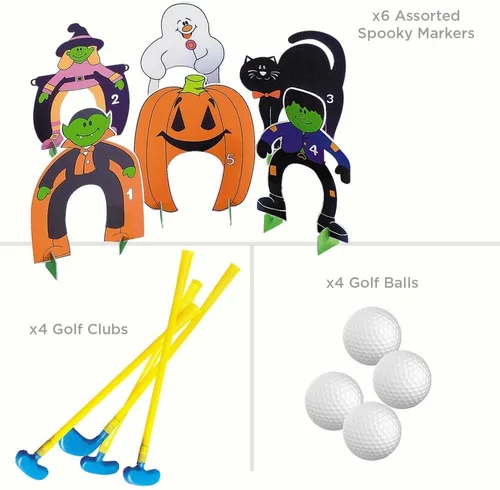 Miniatura 2 de Fun Express Juego de mini golf de Halloween para niños, juego completo de fiesta de 26 piezas con 4 palos, pelotas y marcadores espeluznantes