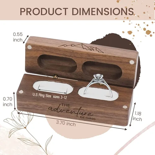 Miniatura 5 de Caja de madera grabada con 2 anillos para boda, caja de almacenamiento rectangular de madera maciza rústica vintage