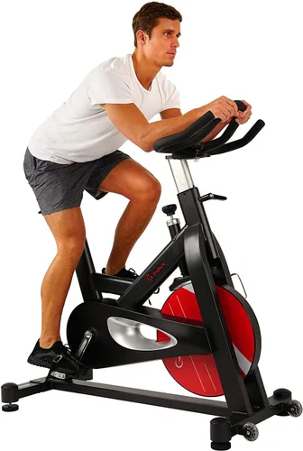 Sunny Health & Fitness Stationary Exercise Bike Machine w/ Adjustable Cushion Seat & Multi-Grip Handlebar, Indoor Cycling Equipment for Home Cardio