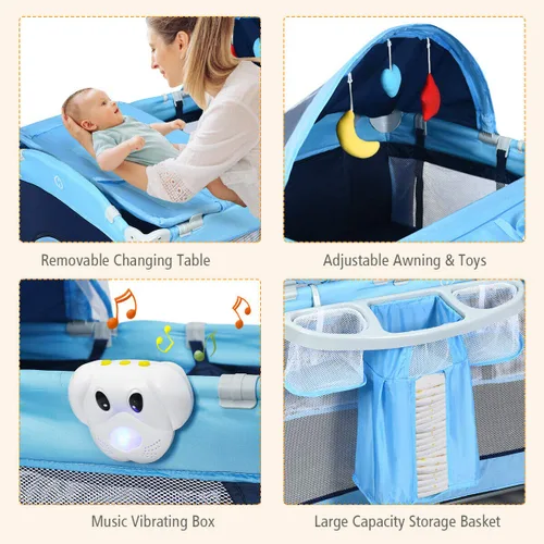 Miniatura 3 de HONEY JOY Empaca y juega con moisés, 4 en 1 portátil para bebé con cambiador, red y juguetes lindos, bolsa de almacenamiento de pañales, caja de Azul