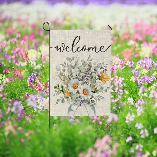 Miniatura 5 de Banderas de jardín de flores de bienvenida para exteriores, decoración de jardín de margaritas en acuarela de primavera, decoración pequeña
