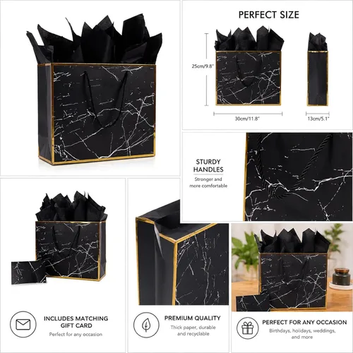 Miniatura 2 de ysmile Marble Black 12" Bolsa de regalo premium de mármol negro con papel de seda para cumpleaños, aniversario, día del Padre Large ancho